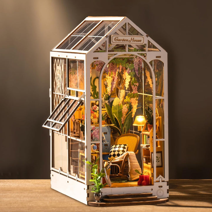 ROBOTIME DIY Book Nook Kit Gartenhaus mit Möbeln und LED Lampe, 3D Puzzle Booknook Miniatur Haus Mod