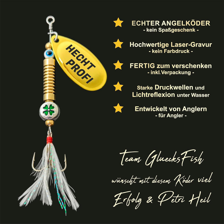 Anglergeschenk mit Gravur - Männer - Frauen - Angelköder - Angelhaken - Spinner - Glücksfisch (Hecht