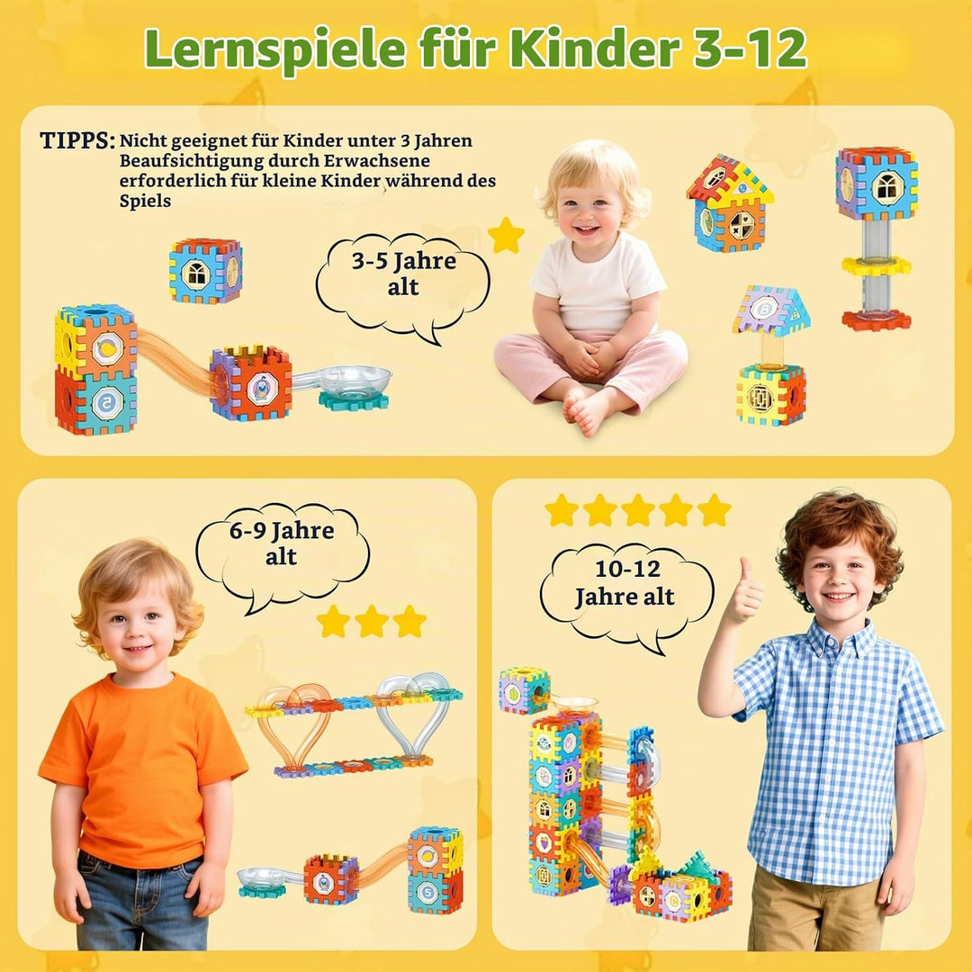 MOMSIV Murmelbahn 246pcs, Murmelbahn-Spielzeug für Kinder mit Plastikmurmeln und Aufbewahrungstasche