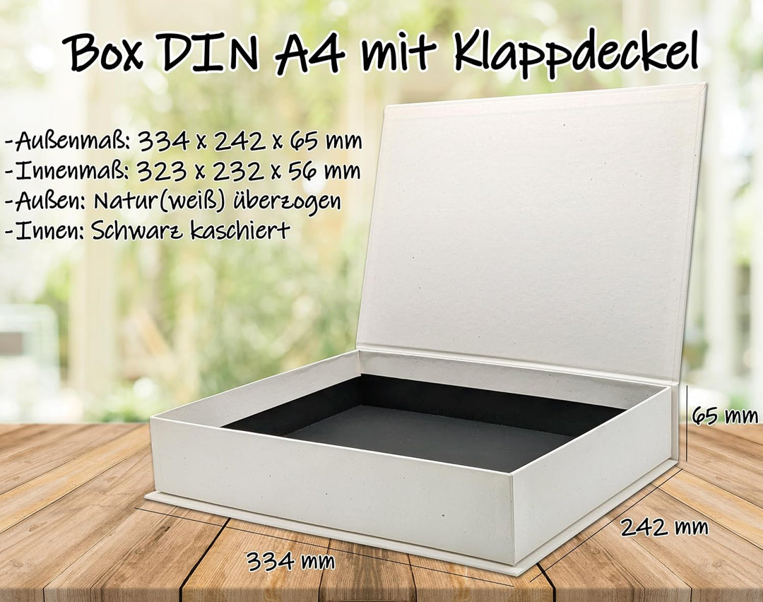 NEUSER PAPIER Geschenkbox mit Klappdeckel - 1 Stück - DIN A4 - Natur(weiss) bezogen - innen schwarz