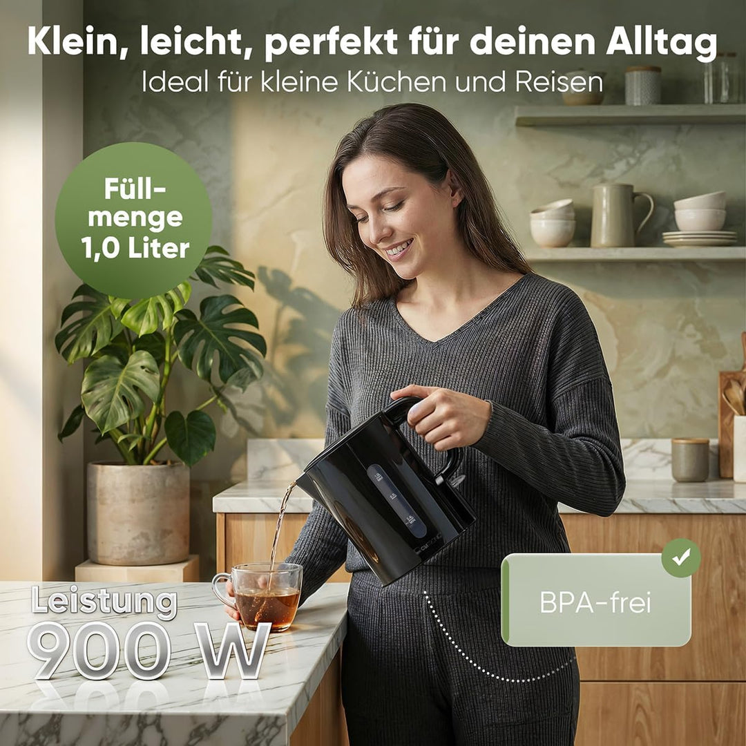 Clatronic® Wasserkocher 1L | 900W | BPA frei | Einhandbedienung | Wasserstandsanzeige | Kettle | Übe