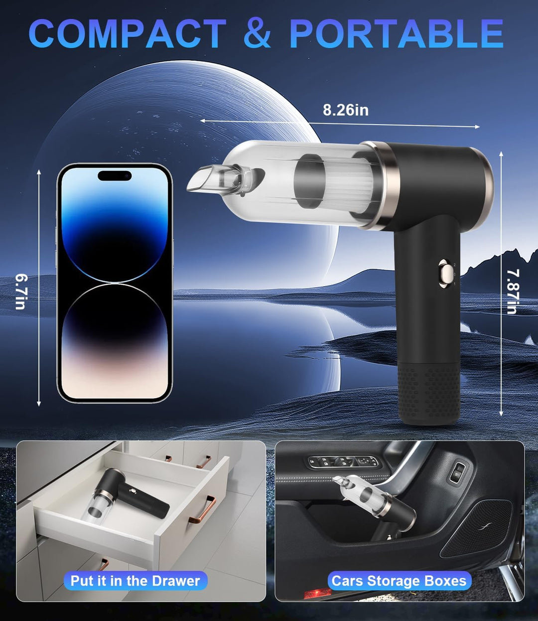 Handstaubsauger Akku, 6500PA Auto Staubsauger Stark, 3-in-1 Handstaubsauger Kabellos, 2-Gang Mini El