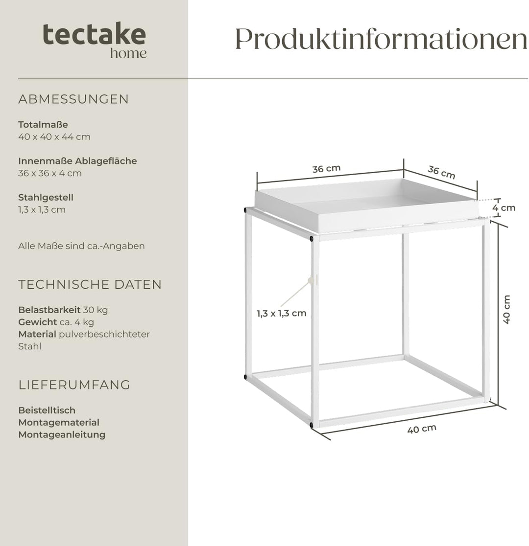 tectake® Beistelltisch aus Metall, quadratisch, stapelbar, Ablagefläche mit hohem Rand, Tabletttisch