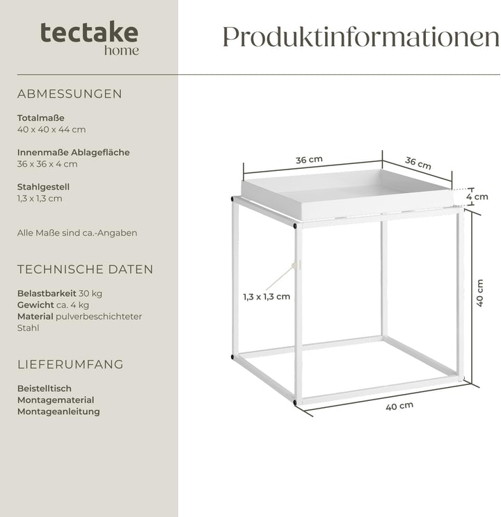 tectake® Beistelltisch aus Metall, quadratisch, stapelbar, Ablagefläche mit hohem Rand, Tabletttisch