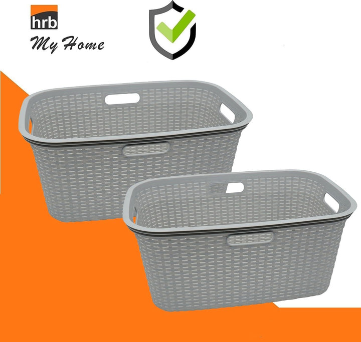 HRB Wäschekorb Plastik Rattan Optik, 40 L Wäsche Box Volumen, Wäschesammler mit 58,5 x 39 x 26 cm Au