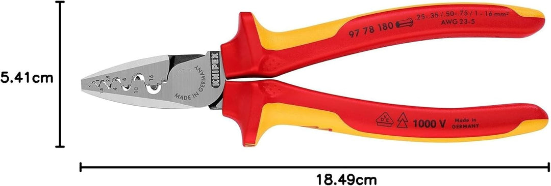 Knipex Crimpzange für Aderendhülsen isoliert mit Mehrkomponenten-Hüllen, VDE-geprüft 180 mm 97 78 18