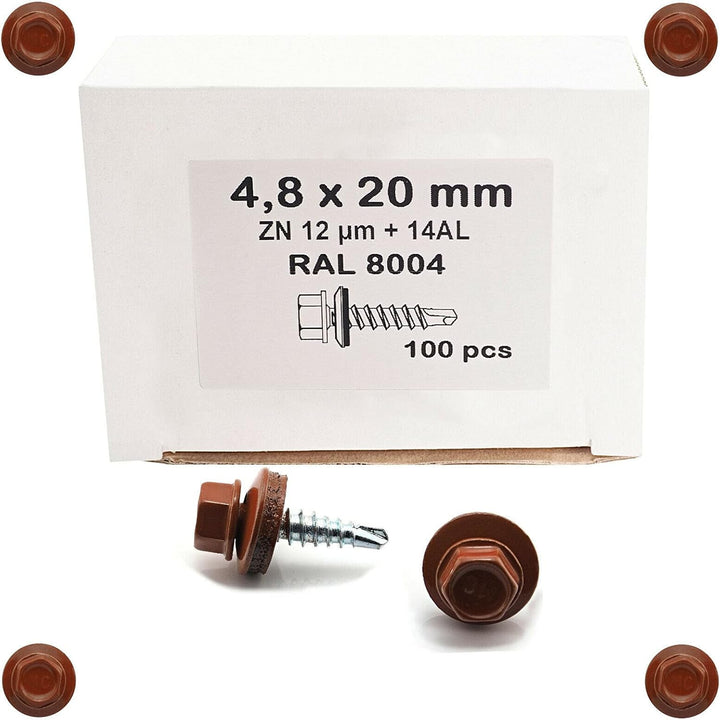 200 Stück Trapezblech Schrauben Bohrschrauben selbstbohrend 4,8x20 / RAL 8004 RAL 8004 Dach verzinkt
