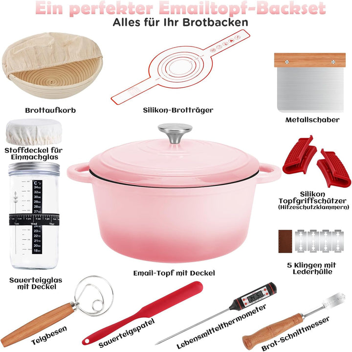 NZQXJXZ 26cm Gusseisen Topf Brot Backen 4,7L, Emaille Brotbackform mit Deckel &amp; Garkorb Komplettset,