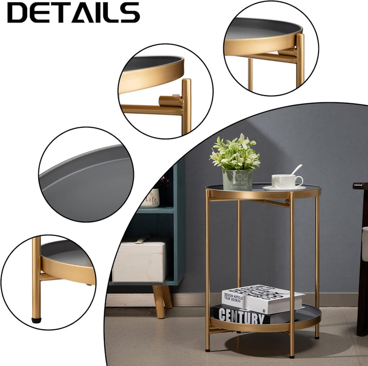 HollyHOME Rund Beistelltisch, 2 Ebenen Beistelltisch Metalltablett, Snacktisch, Balkontisch, Teetisc