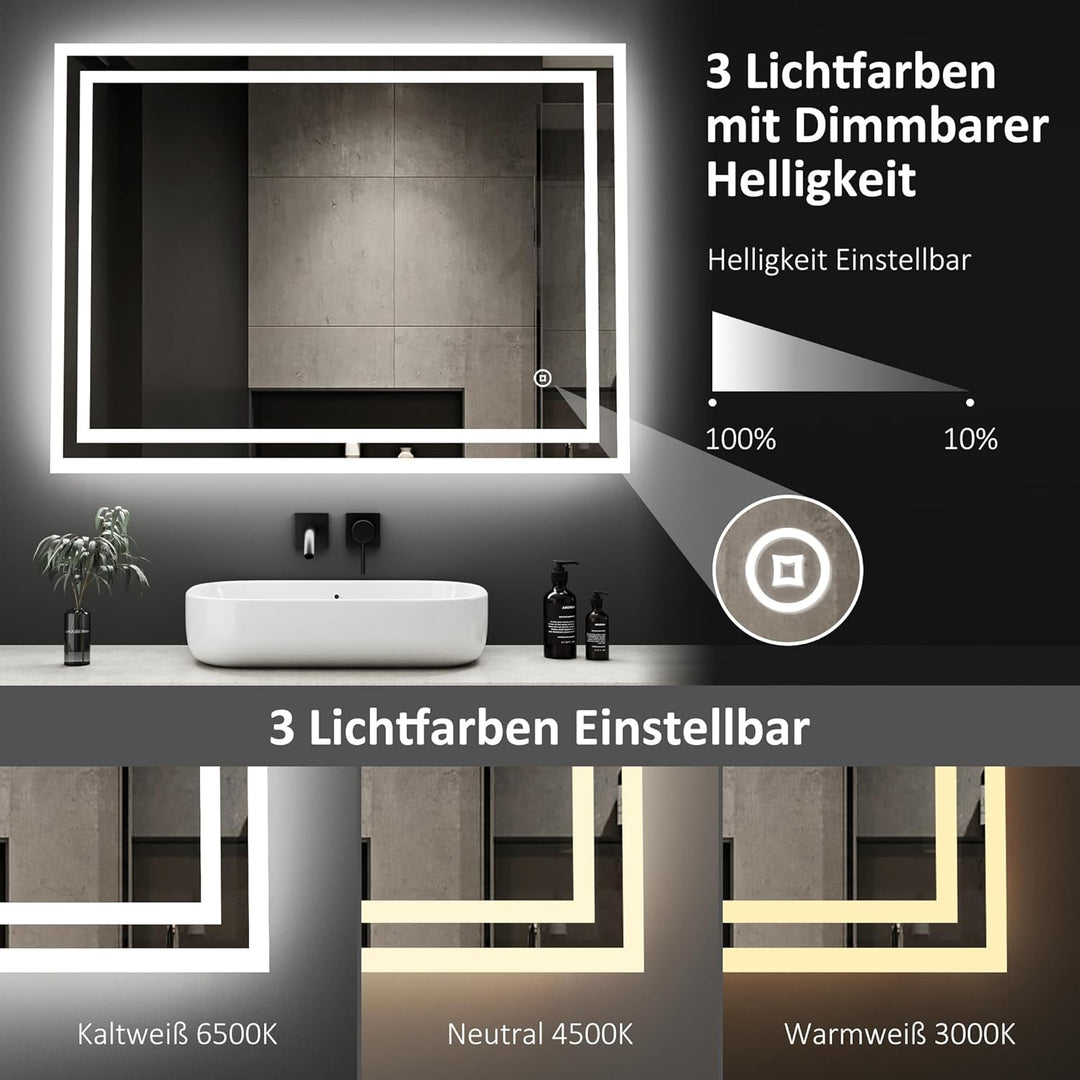 Boromal Badspiegel Dimmbar 40x60cm LED Badspiegel mit Beleuchtung Wandspiegel Lichtspiegel 3 Lichtfa