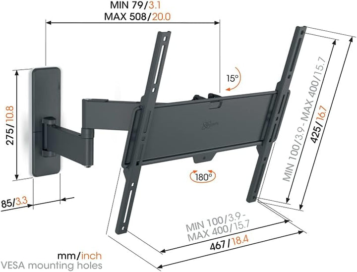 Vogel's Quick TVM 1445 Schwenkbare TV-Wandhalterung für 32-65 Zoll Fernseher, Max. 25 kg, Schwenkbar