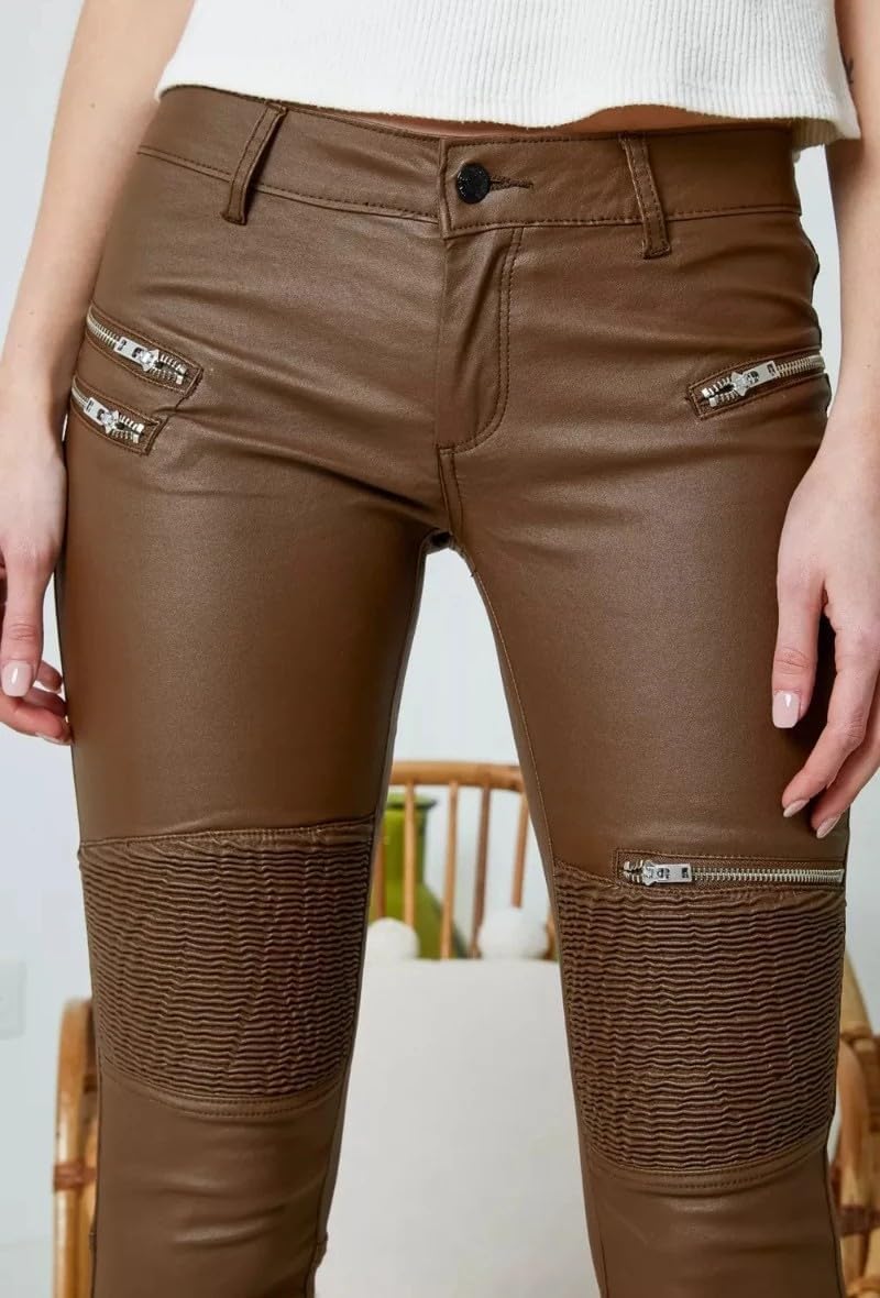 Crazy Lover Damen Kunstleder Leder Look Hosen Damen Biker Stretch Coated S Dark Brown, S Dark Brown