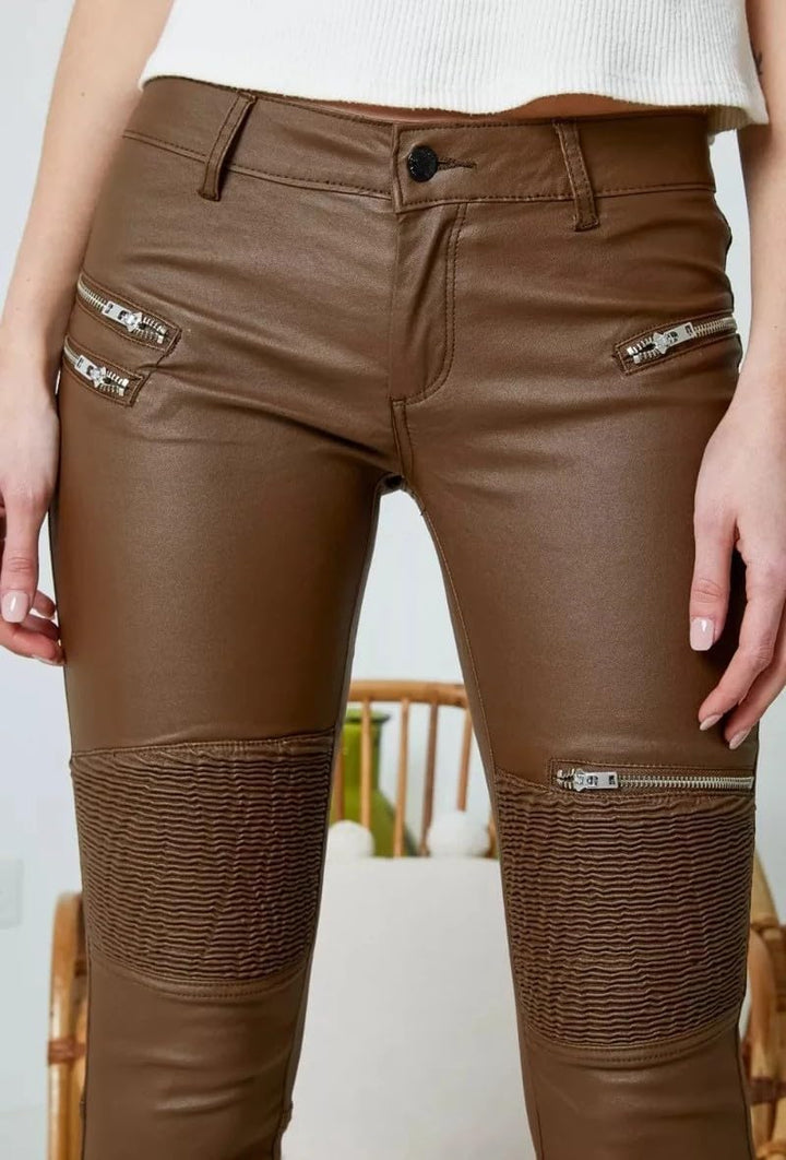 Crazy Lover Damen Kunstleder Leder Look Hosen Damen Biker Stretch Coated S Dark Brown, S Dark Brown