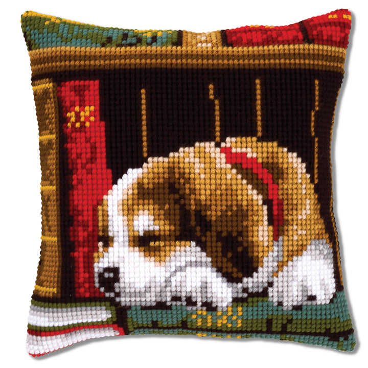 Vervaco Schlafender Hund Kreuzstichkissen/Stickkissen vorgedruckt, Baumwolle, Mehrfarbig, 40 x 40 x