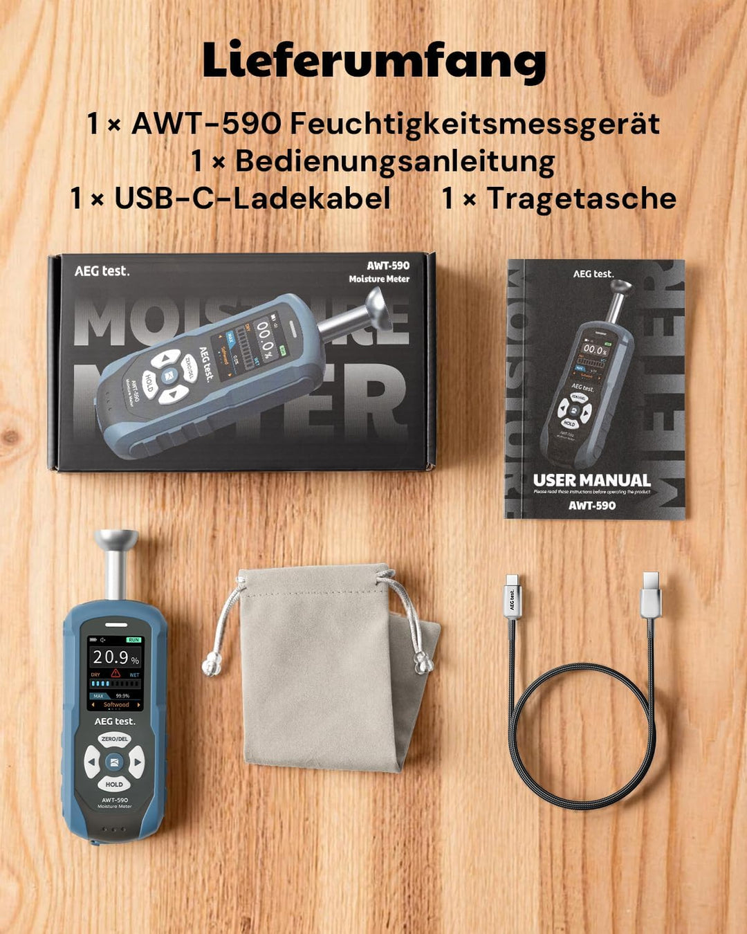 AWT-590 wiederaufladbares Feuchtemessgerät Mauerwerk, Feuchtigkeitsmessgerät Wand, Halbkugel Feuchti