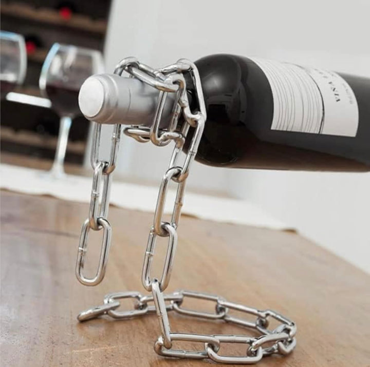 Weinflaschenhalter Kette schwebend inkl. Wein und Sektstopper - Magischer Design Weinhalter aus hoch