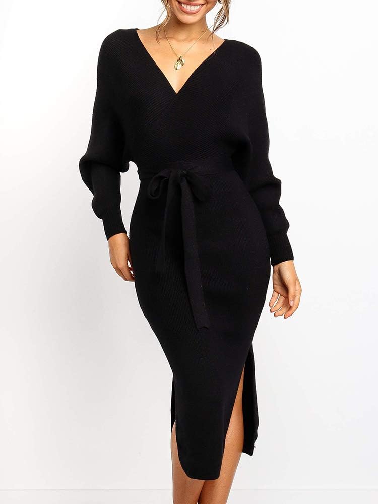 Saodimallsu Damen V-Ausschnitt Pulloverkleid Strickkleid Langarm Pullover Schlitz Offener Rücken Fig