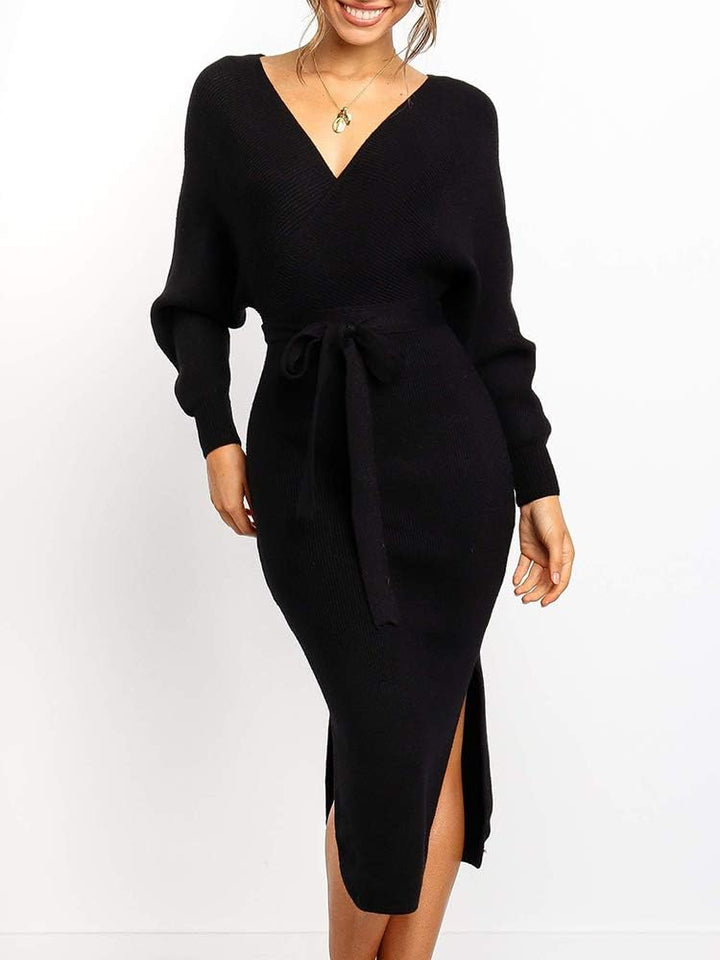 Saodimallsu Damen V-Ausschnitt Pulloverkleid Strickkleid Langarm Pullover Schlitz Offener Rücken Fig