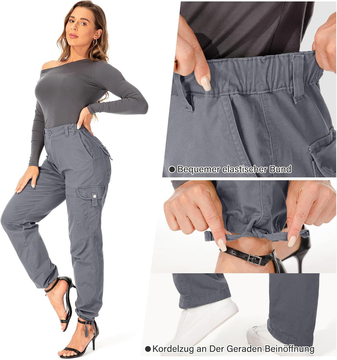 Cargohose Damen Hosen Multi Taschen Wanderhose Outdoorhose Baumwolle Arbeitshose Jogginghose Relaxed