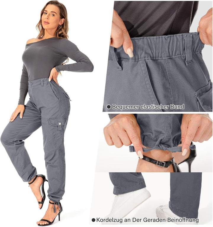 Cargohose Damen Hosen Multi Taschen Wanderhose Outdoorhose Baumwolle Arbeitshose Jogginghose Relaxed