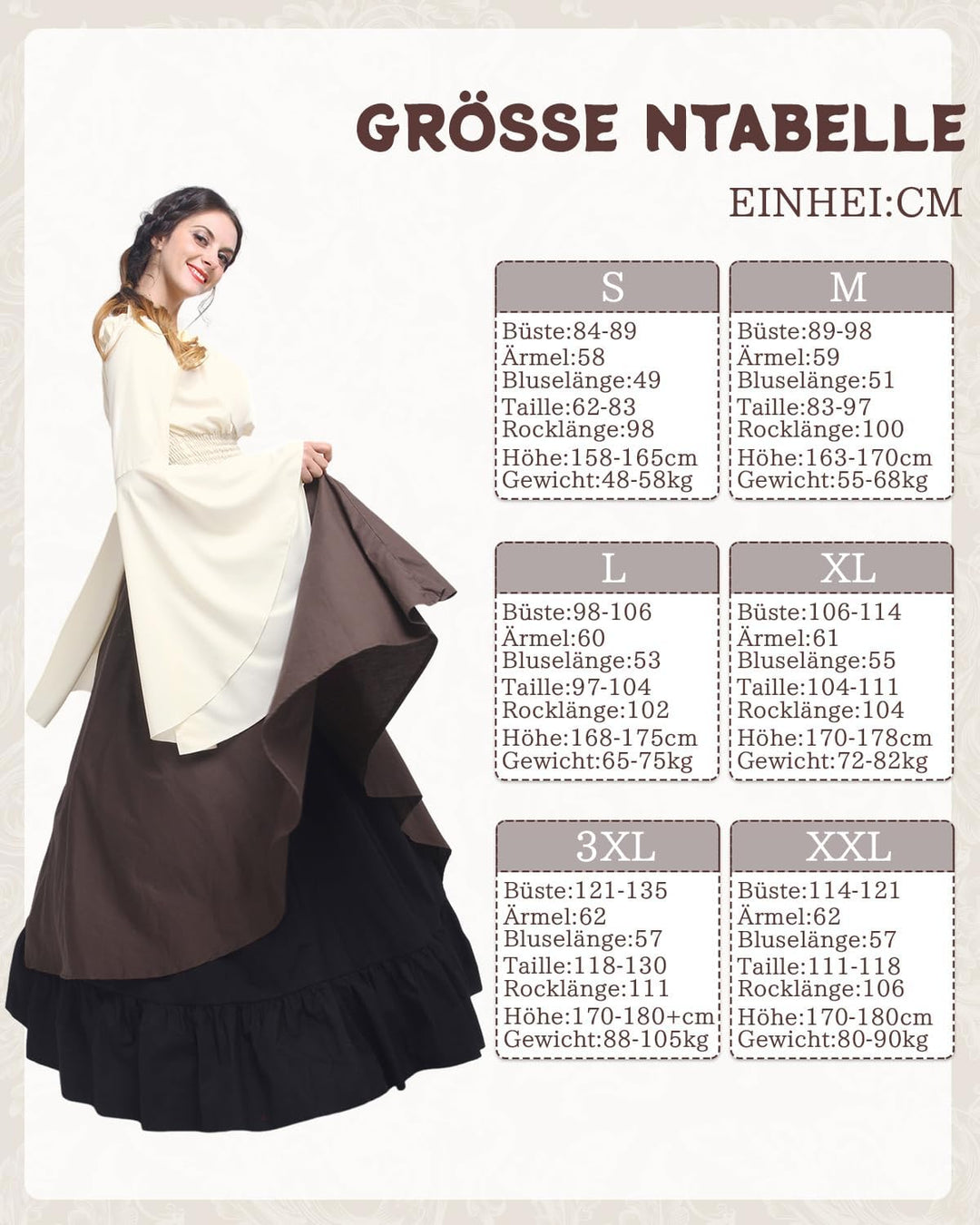 Renaissance Kleid Damen Mittelalter Kleidung Kostüme Fasching Set, S