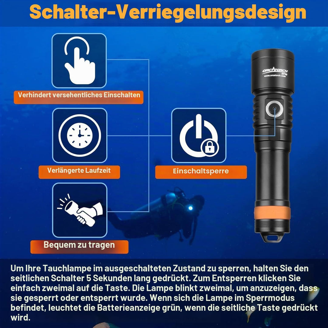 ORCATORCH D710 Tauchlampe, 3000 Lumen Unterwasser-Taschenlampe mit 6 Grad schmalem Strahl, IP68 wass