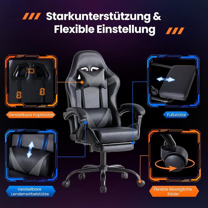 Sweetcrispy Gaming Stuhl, Gaming Chair mit Fussstütze Kopfstütze Lendenwirbelstütze, Ergonomischer P