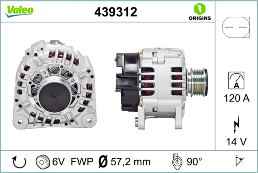 VALEO 439312 Generator Ladestrom des Generators: 120 Amp Rippen: 6 rippen Riemenscheibe Ø: 57,2 mm S
