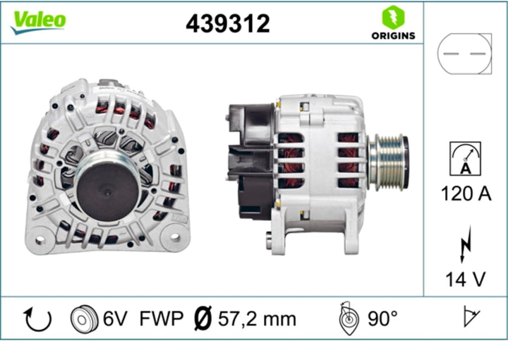 VALEO 439312 Generator Ladestrom des Generators: 120 Amp Rippen: 6 rippen Riemenscheibe Ø: 57,2 mm S
