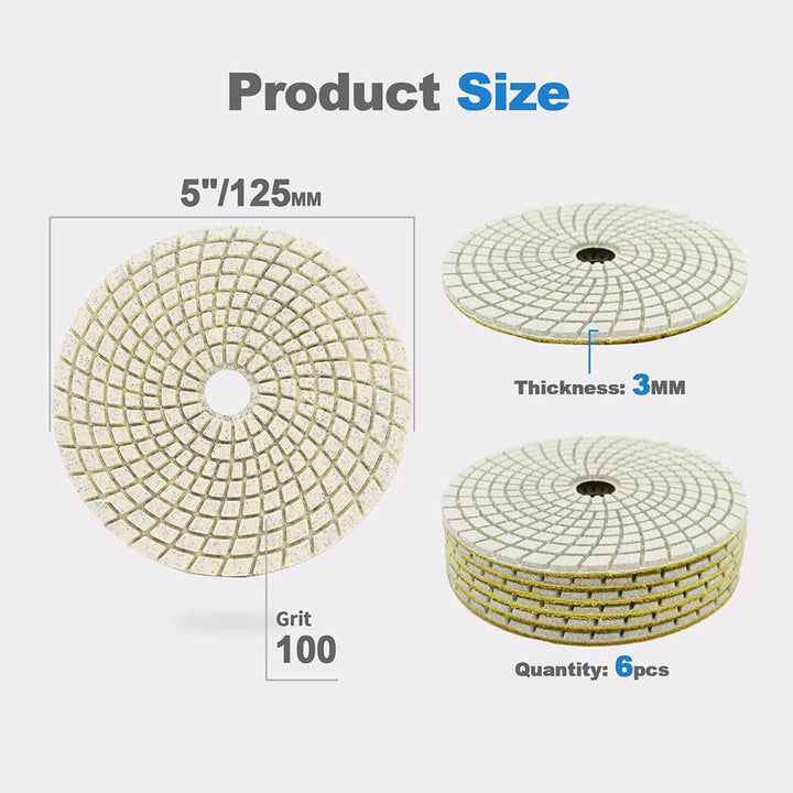 Nasse Diamant Polierscheibe - HIGHDRIL 6 Stück 125MM #100 diamant schleifpad für Granit, Marmor, Ker