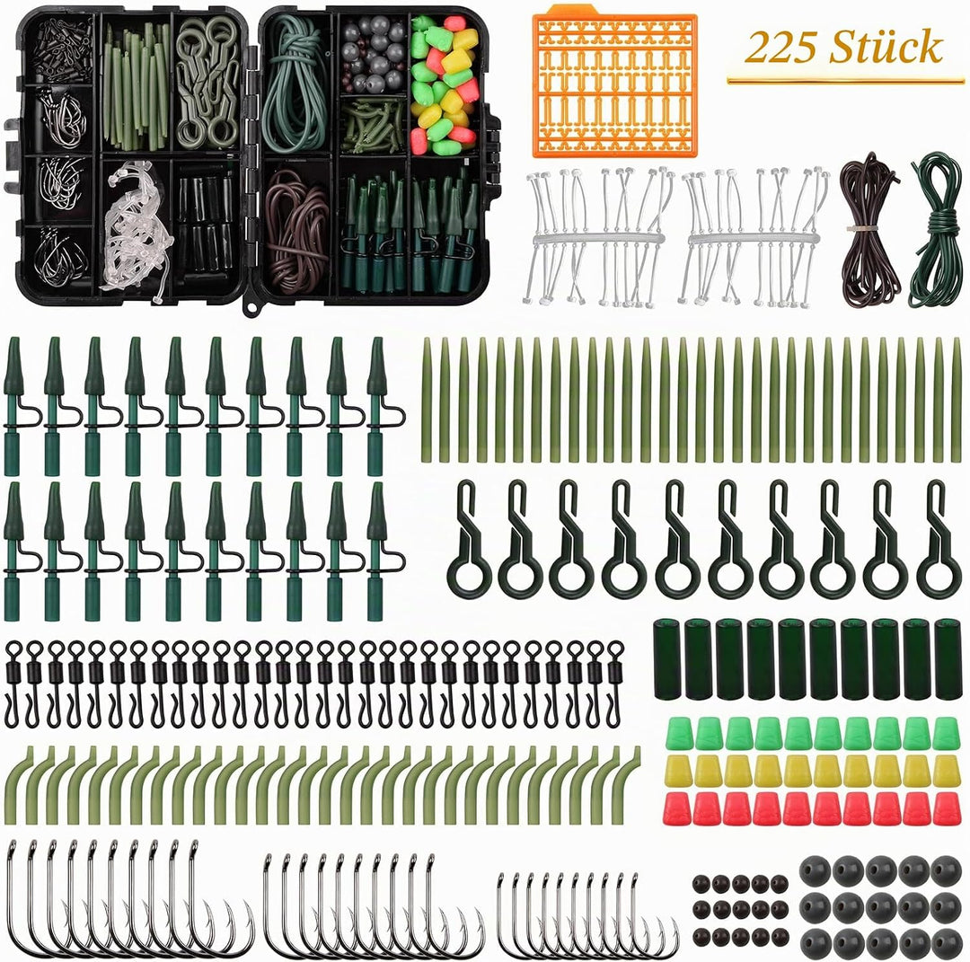 Karpfen Angelzubehör Set, 225stk Karpfen Tackle Kit inkl. Karpfenhaken, Anti-Verhedderungshülsen, An