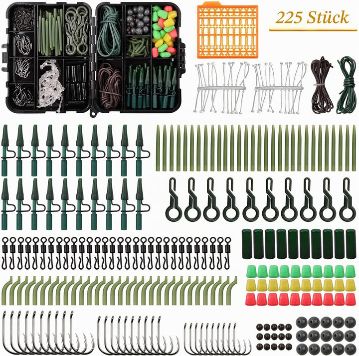 Karpfen Angelzubehör Set, 225stk Karpfen Tackle Kit inkl. Karpfenhaken, Anti-Verhedderungshülsen, An