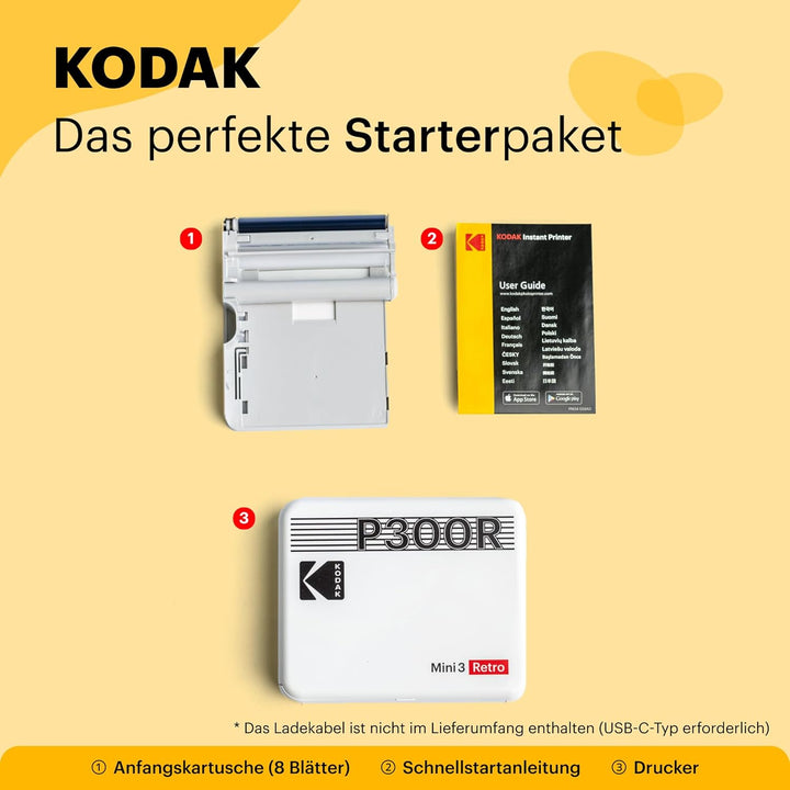 KODAK Mini 3 Retro 4PASS Mobiler Fotodrucker (7,6x7,6cm) - Schwarz s Schwarz, s Schwarz