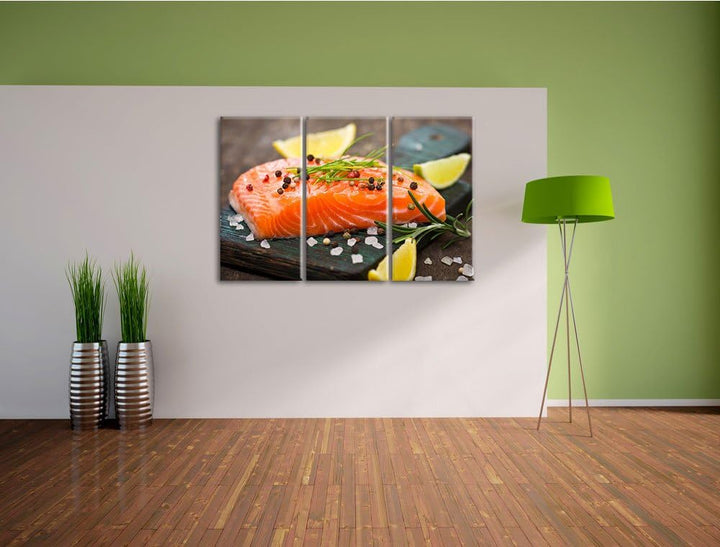 Fangfrisches Seelachsfilet als 3-Teiler Leinwandbild 120x80 Bild auf Leinwand, XXL riesige Bilder fe