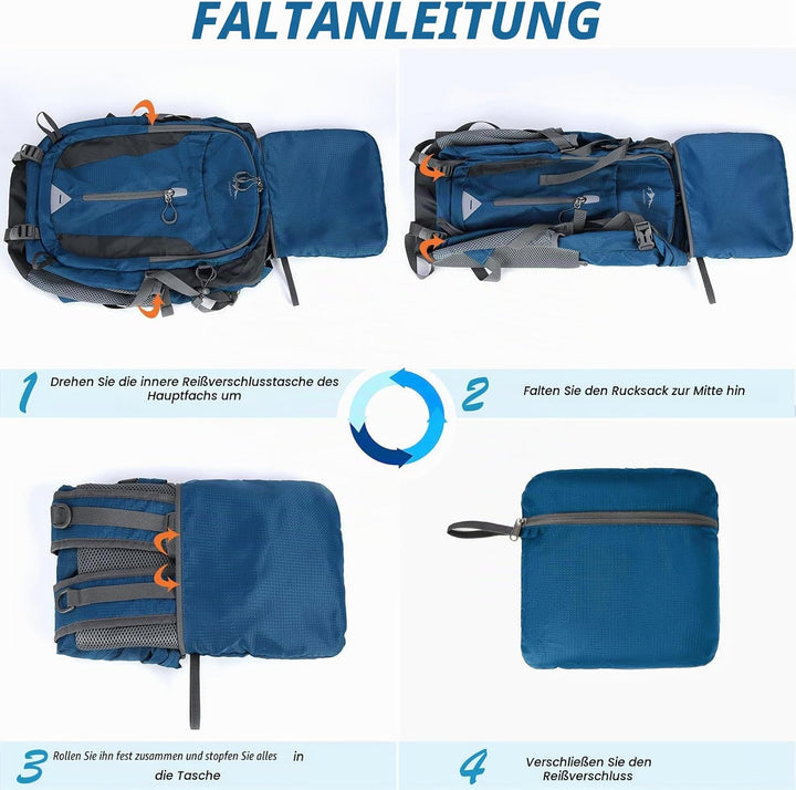RAINSMORE Wanderrucksack Herren Damen 40L Wasserdichter Rucksack Leichter Faltbarer Reiserucksack Gr