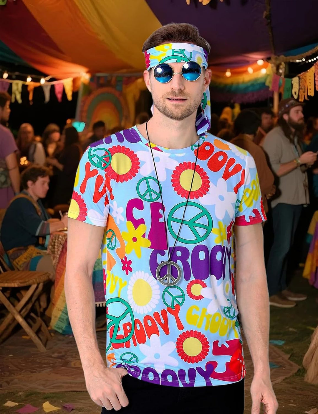 COSAVOROCK Herren 60er 70er Jahre Groovy Hippie Kostüm T-Shirts mit Stirnbänder 3XL Peace, 3XL Peace