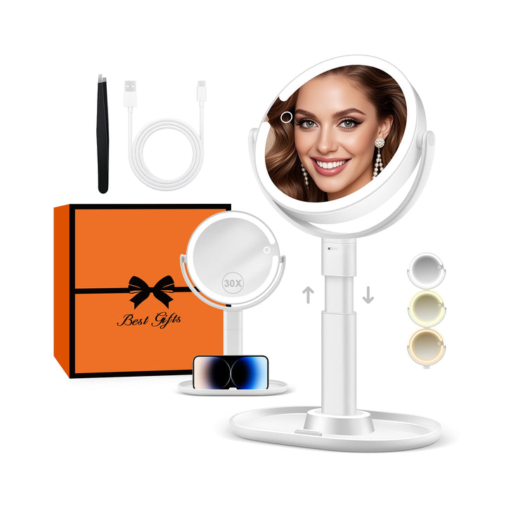 B Beauty Planet Beleuchteter Makeup Spiegel 30X Vergrösserungsspiegel mit 3 Farblicht, dimmbare LED