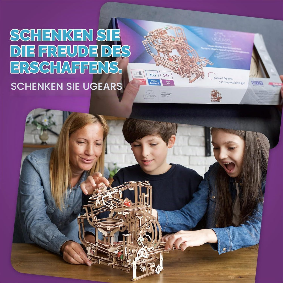 UGEARS Holz-Kugelbahn-Set – Vatertagsgeschenk, 3D-Puzzle, Holz-Kugelbahn, Stufenaufzug mit 3-stufige