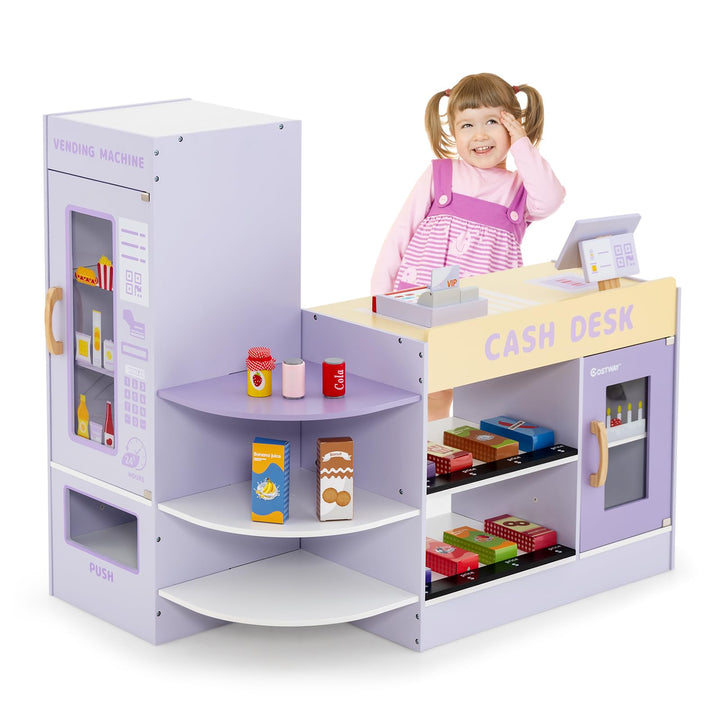 COSTWAY Kinder Kaufladen, Kaufmannsladen aus Holz mit Seitentheke, Supermarkt-Set mit Kasse, POS-Mas