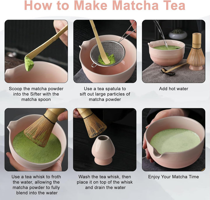 Anei 7 Stück Matcha Set–Schale mit spitzem Rand und Gewinde in Rosa mit Farbverlauf，Matcha Bambus &