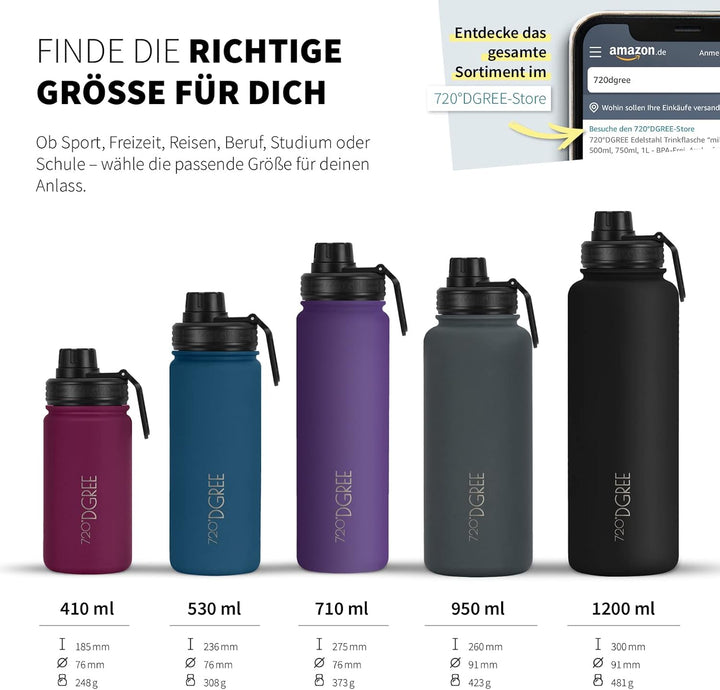 720°DGREE Edelstahl Trinkflasche “noLimit” – 950ml - Auslaufsicher, Kohlensäure geeignet, BPA-Frei -