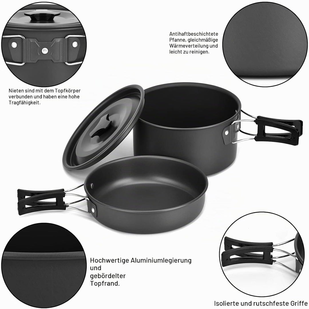 Queta Camping Kochgeschirr Set 17-teiligs Cookware Kit Picknick Töpfen für 2-3 Personen Zum Camping