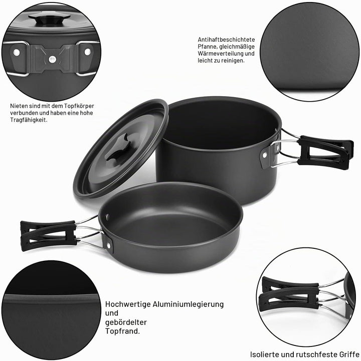 Queta Camping Kochgeschirr Set 17-teiligs Cookware Kit Picknick Töpfen für 2-3 Personen Zum Camping
