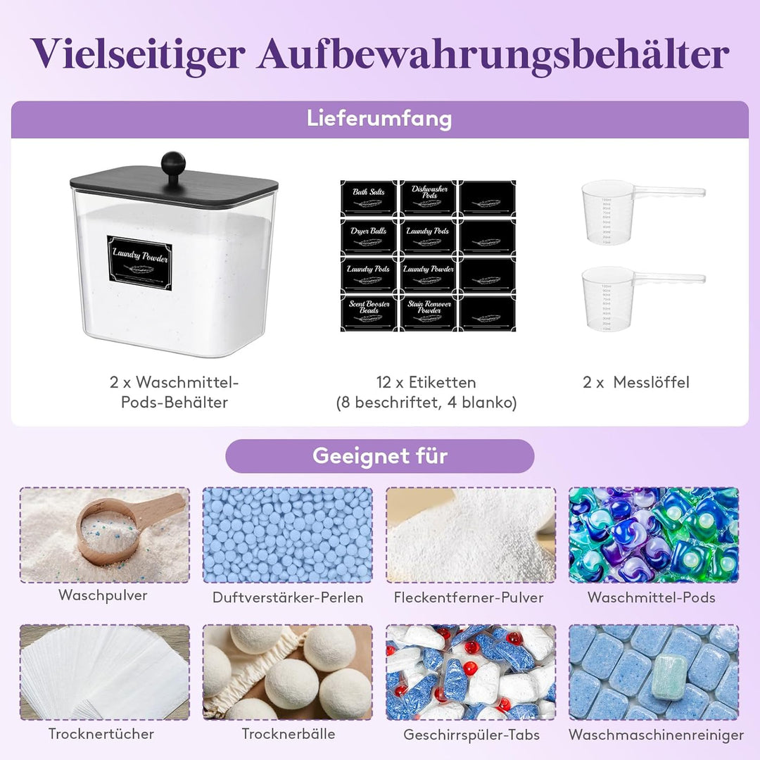 Lifewit 2 Stück 2700 ml/0.72gal Waschmittel Aufbewahrung für Wäsche Pods mit Etiketten und Löffeln,