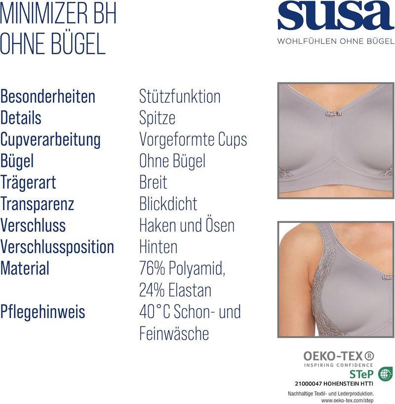 SUSA BH ohne Bügel I Minimizer BH mit seitlich am Cup angebrachter Spitze I Bügelloser BH mit breite