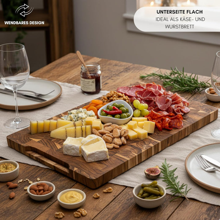 Erreke Schneidebrett Holz 44x29.5x3.8 cm, Holzbrett Küche, End Grain Teakholz, Schneidebrett Holz Gr