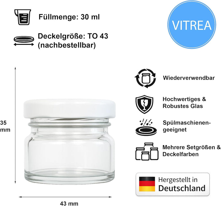 Vitrea 25x Mini Marmeladengläser 30 ml - mit Deckel Weiss TO 43 - kleine Einmachgläser zum befüllen