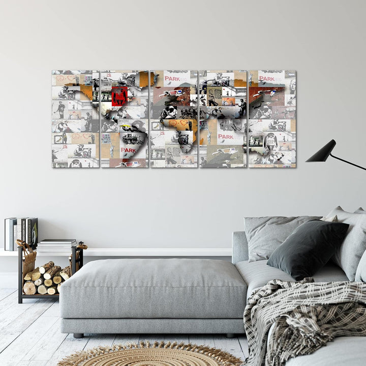 Runa Art Wandbild XXL Weltkarte Banksy Collage Loft Wohnzimmer 200 x 80 cm Bunt 5 Teilig - Made in G