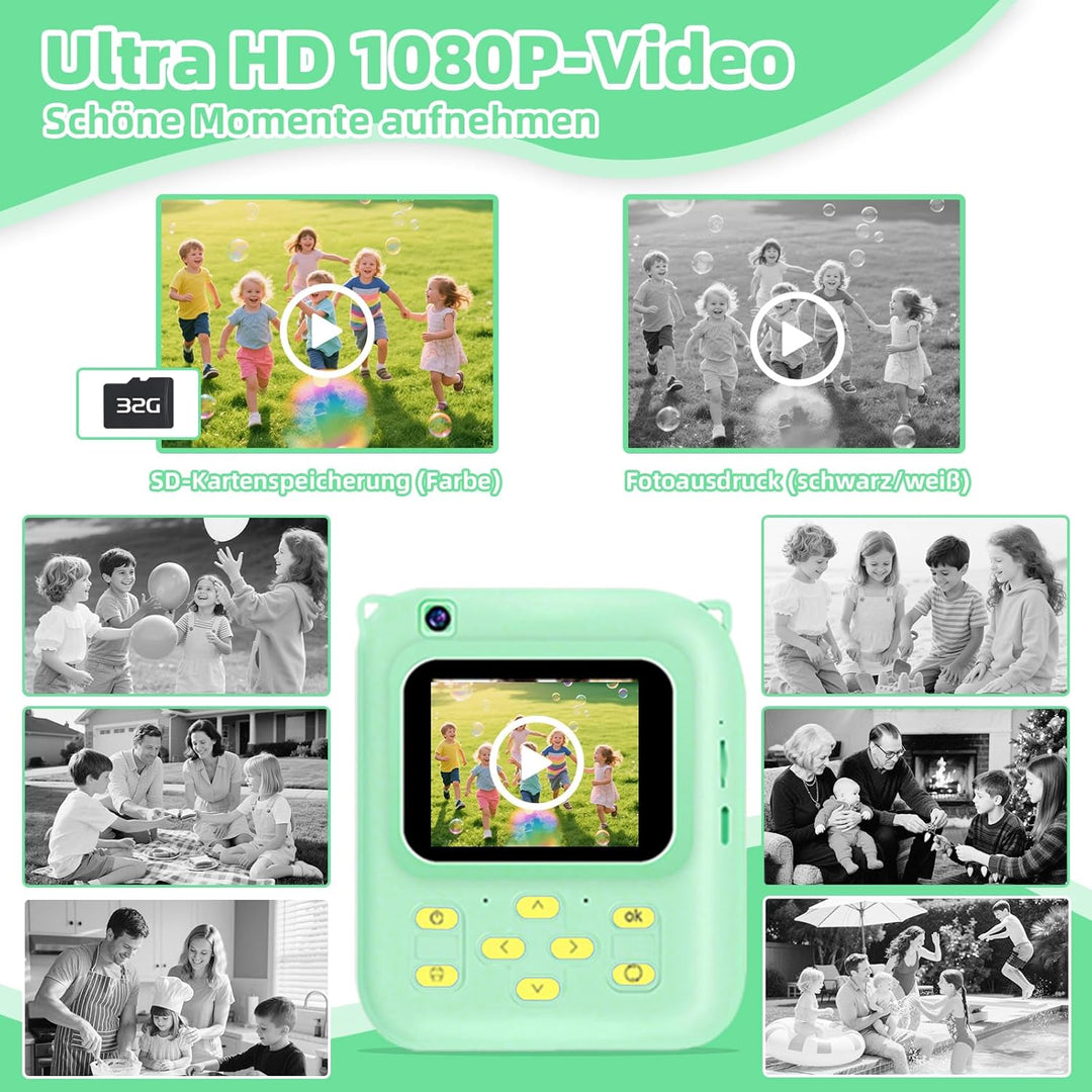 Sofortbildkamera Kinder, 1080P Digitalkamera mit 3 Druckrollen, 32GB Karte & Hülle, Kinderkamera mit