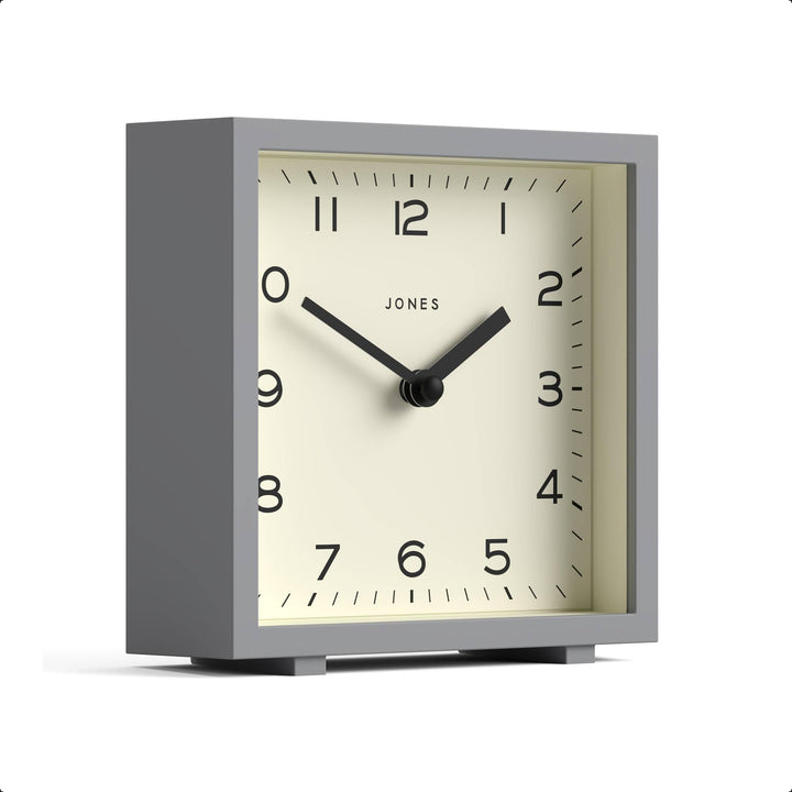 JONES CLOCKS® Disco Tischuhr | Quadratisches Design | Grau | Stilvoll und gut lesbar für Regal, Tisc